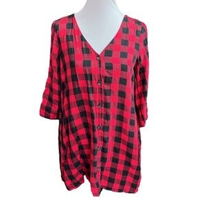 Zara Trafaluc Buffalo Check Button Down Tunic Shirt Dress Red Black Size Small